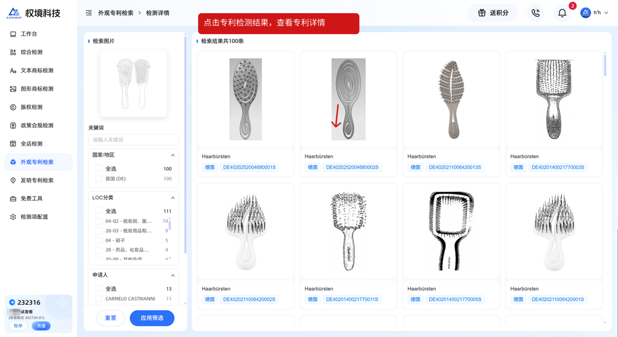 外观设计专利检索-结果列表示意图